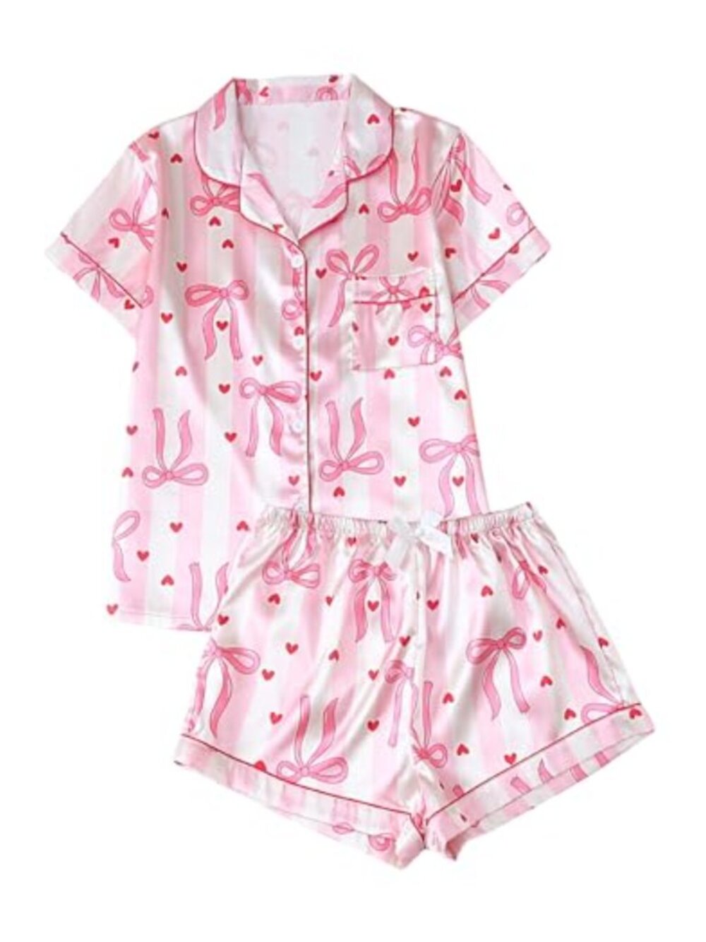 Satin Striped 2 Piece Pajama Set Button Down Shirt & Shorts Sleepwear